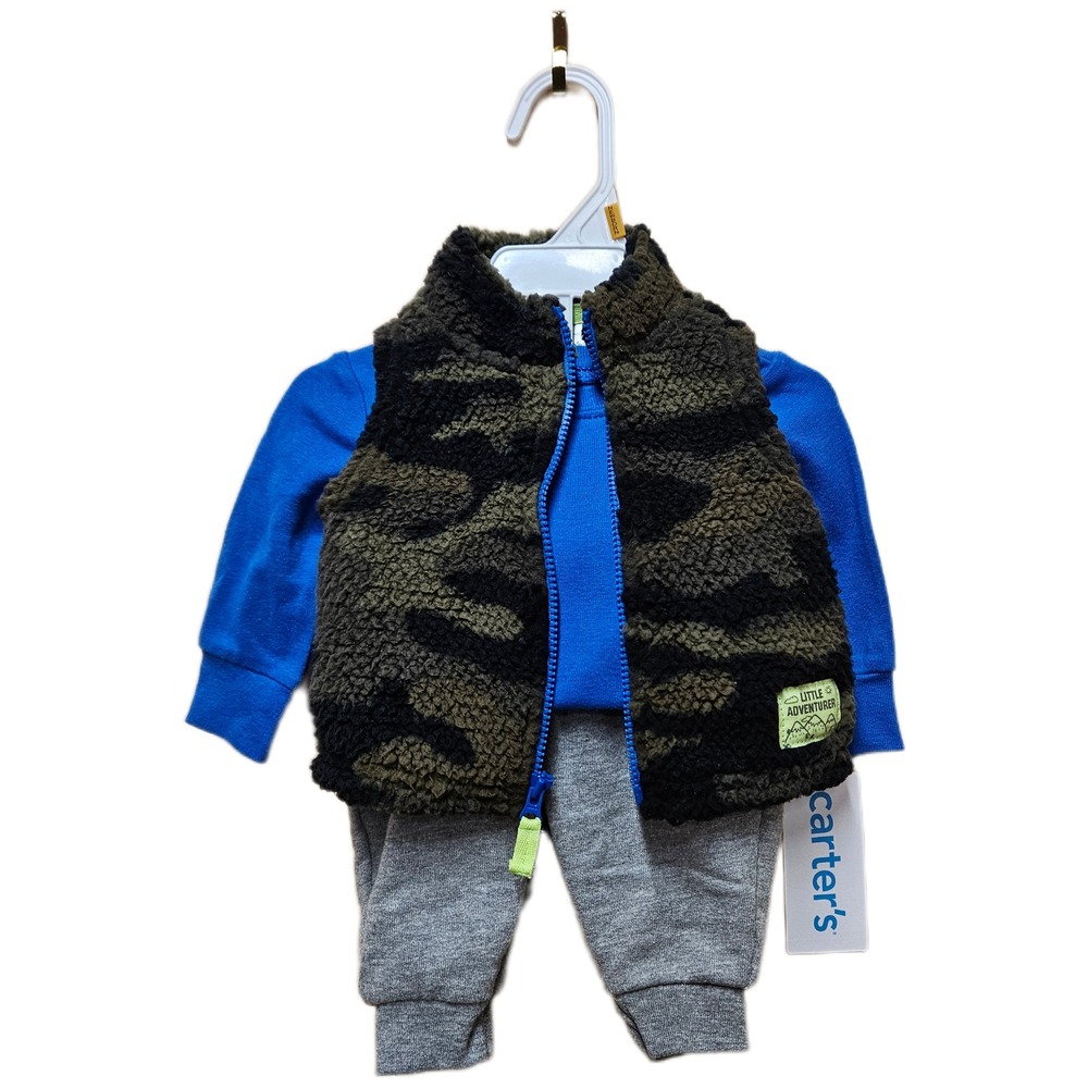 NWT Carter's Newborn Boys Long Sleeve‎ Shirt Camo Vest Jogger 3 Piece Outfit Set